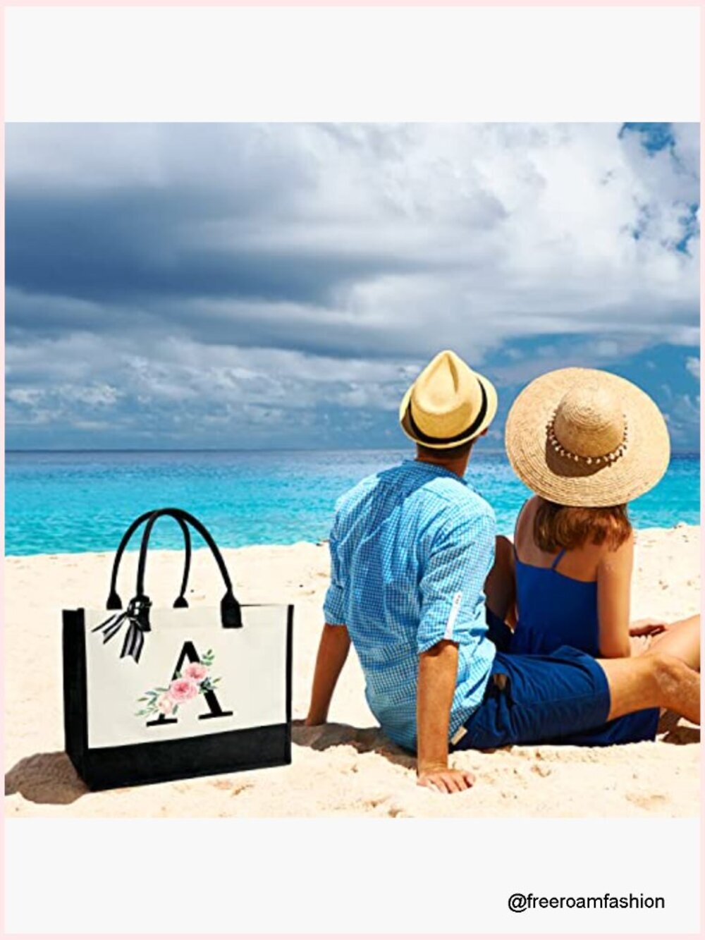 Personalized Initial Canvas Tote Bag with Zipper Pocket for Travel & Beach - Picture 2 of 6